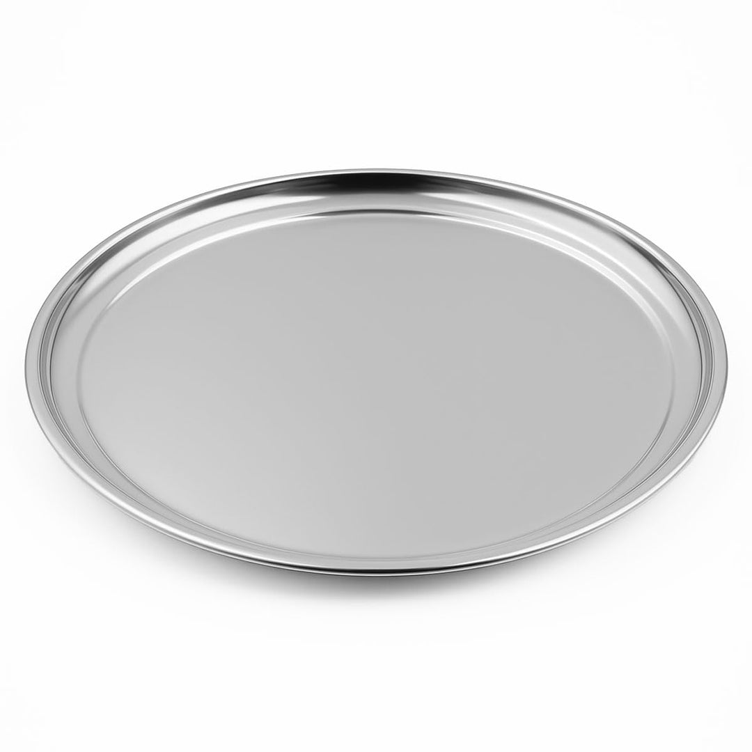 Edelstahl Tablett rund Ø 34 cm silberfarbig – Serviertablett Dekoteller modernes rundes Metalltablet