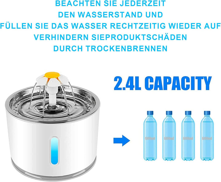 Katzen Trinkbrunnen,Haustierbrunnen mit Aktivkohlefilter Wasserstandsfenster, Leuchtende LED,2,4L Gr