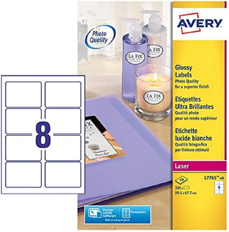 Avery L7765-40 Farblaser-Etiketten 8 Etiketten pro Blatt 99,1 x 67,7 mm 320 Stück, 99,1 x 67,7 mm 32