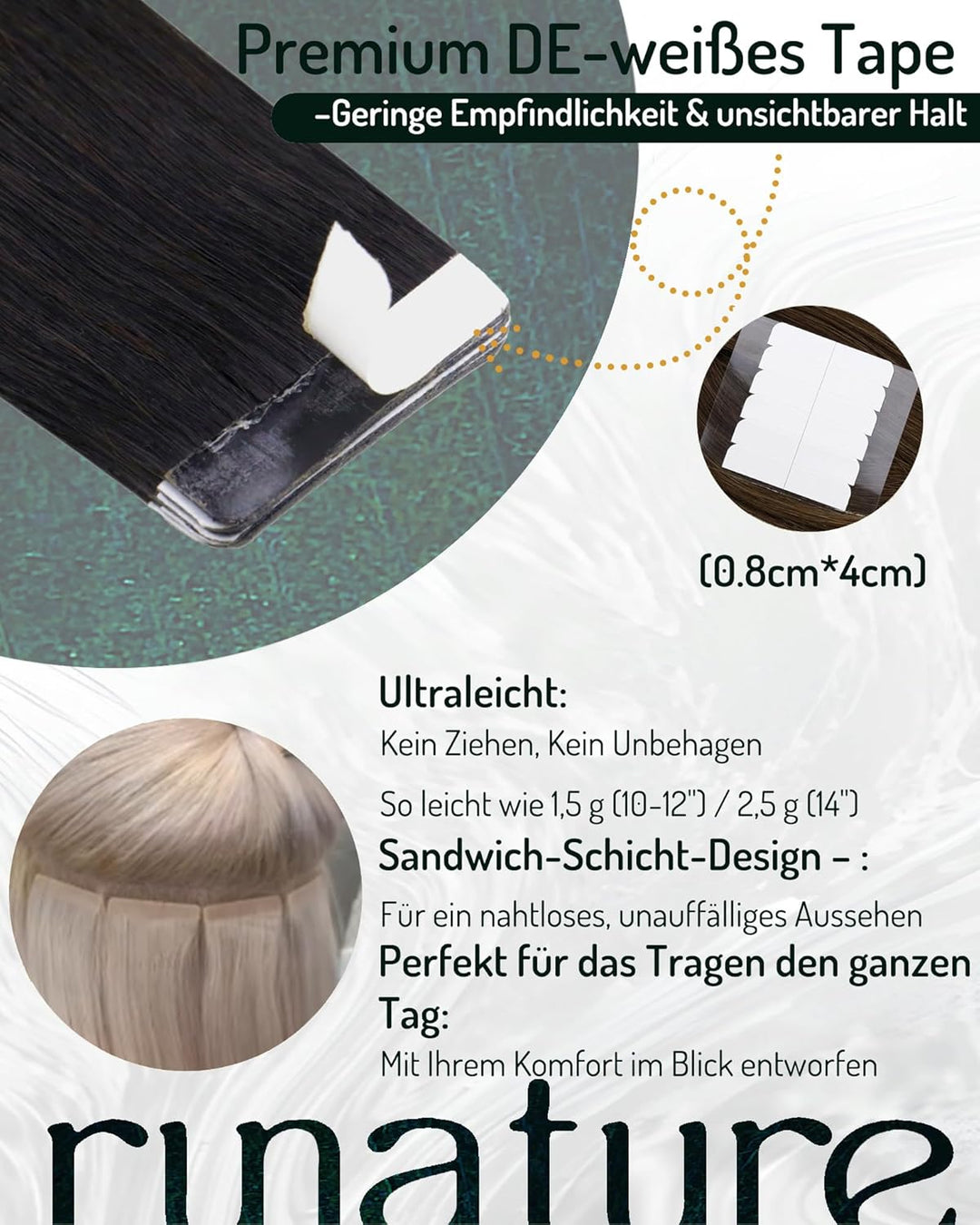 RUNATURE Tape Extensions Echthaar 60cm Schwarz Echthaar Extensions Tape Natürlich Schwarz 20 Stück H
