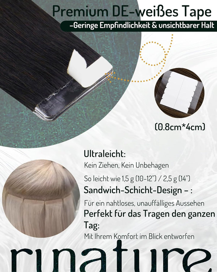 RUNATURE Tape Extensions Echthaar 60cm Schwarz Echthaar Extensions Tape Natürlich Schwarz 20 Stück H