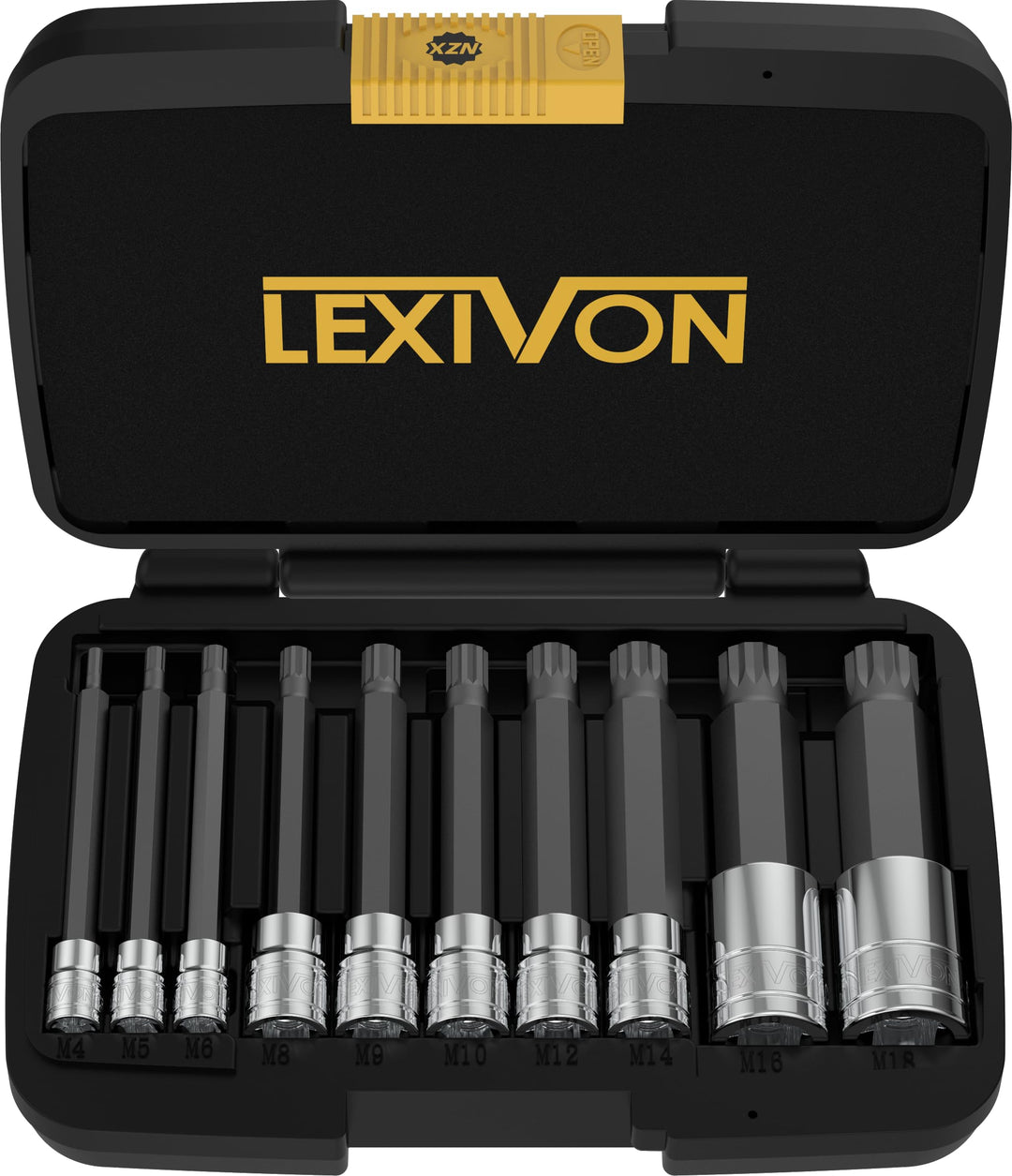 LEXIVON XZN extra lang 4 Zoll vielzahn satz, Grössen: M4 M5 M6 M8 M9 M10 M12 M14 M16 M18 I 10 tlg, D