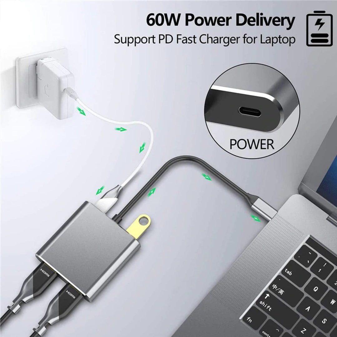 USB C auf Dual HDMI Adapter, 4 in 1 USB Typ C Hub mit 2 HDMI (4K @ 30Hz)/USB 3.0 /PD Aufladen, Dual