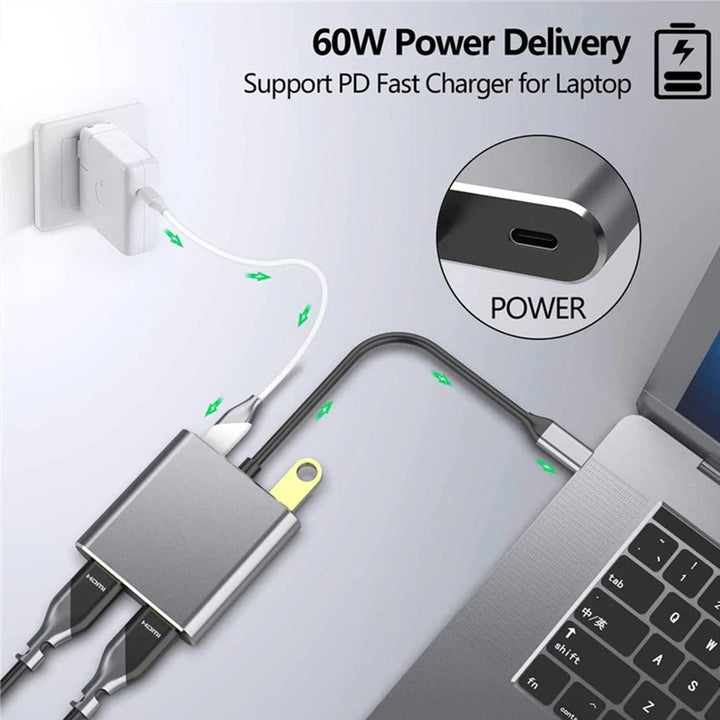 USB C auf Dual HDMI Adapter, 4 in 1 USB Typ C Hub mit 2 HDMI (4K @ 30Hz)/USB 3.0 /PD Aufladen, Dual