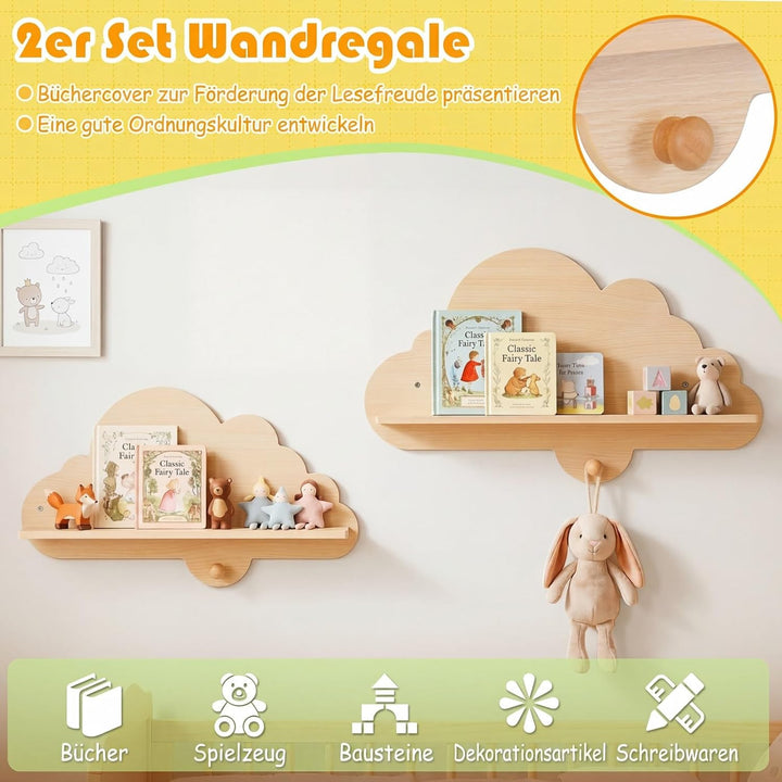 COSTWAY 2er Set Wandregal Kinder, Schweberegal im Wolkenform aus Massivholz, wandmontiertes Kinderre