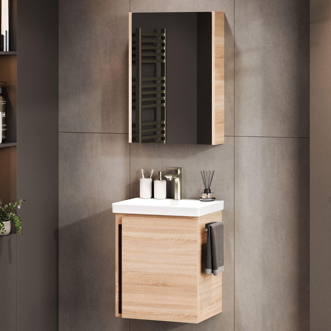 Planetmöbel Waschbeckenunterschrank mit Keramikwaschbecken & Spiegelschrank 50cm in Sonoma Eiche, mo