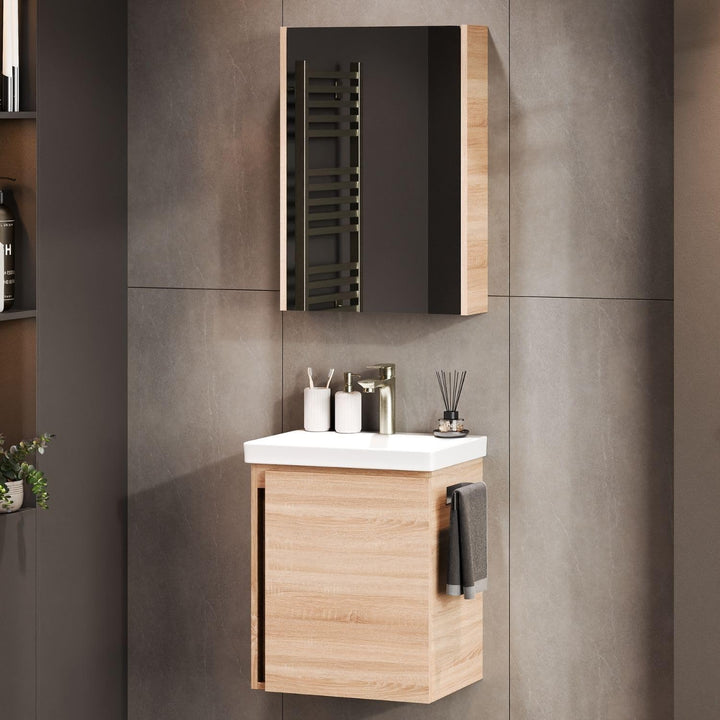 Planetmöbel Waschbeckenunterschrank mit Keramikwaschbecken & Spiegelschrank 50cm in Sonoma Eiche, mo