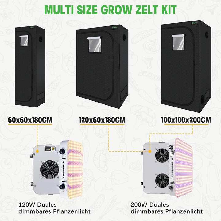 Growzelt Komplettset, Led Grow Tent Kit, 200W LED Grow Lampe Vollspektrum,Komplettes Hydroponics 600