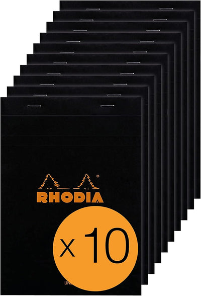 Rhodia 166009C - Packung mit 10 Notizblöcken No.16, DIN A5 80 Blätter liniert mit Rand 80g, Schwarz,