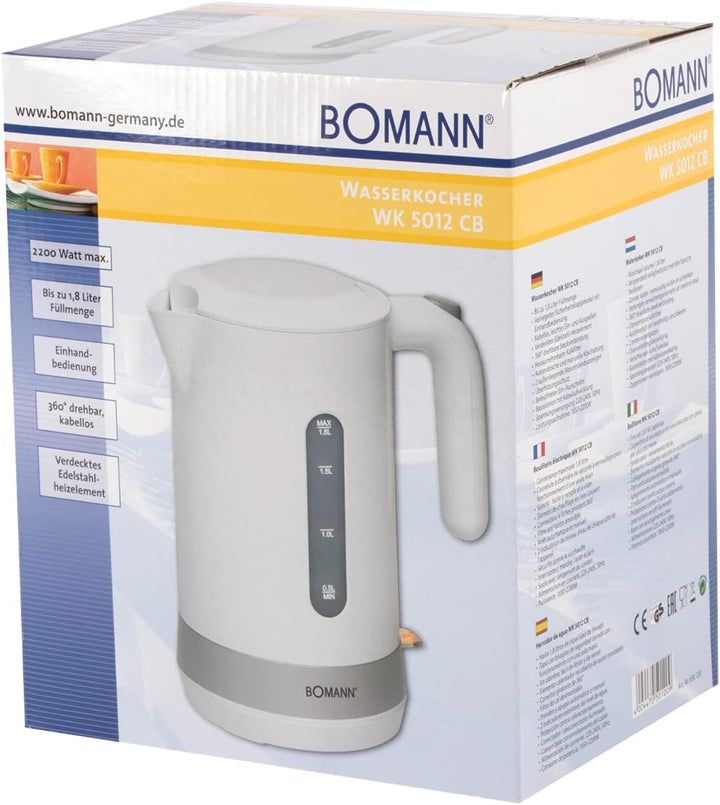 Bomann® Wasserkocher 1,8L Füllmenge, Sicherheitsklappdeckel, Kabellos, Kalkfilter, 360° Steckverbind