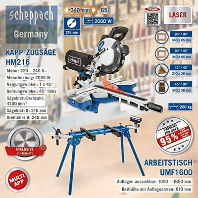 Scheppach HM216 | Kapp- und Gehrungssäge | Zugfunktion | inkl. Untergestell UMF1600 | 2000 Watt | 21