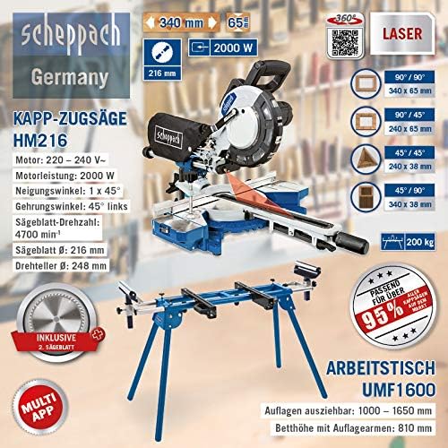 Scheppach HM216 | Kapp- und Gehrungssäge | Zugfunktion | inkl. Untergestell UMF1600 | 2000 Watt | 21