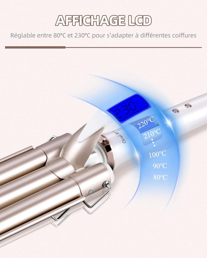 Lockenstab mit 3 Heizstäben (Halterung aus Metall + 1,7 m Kabel, 360° drehbar + Spannung: 110 – 220