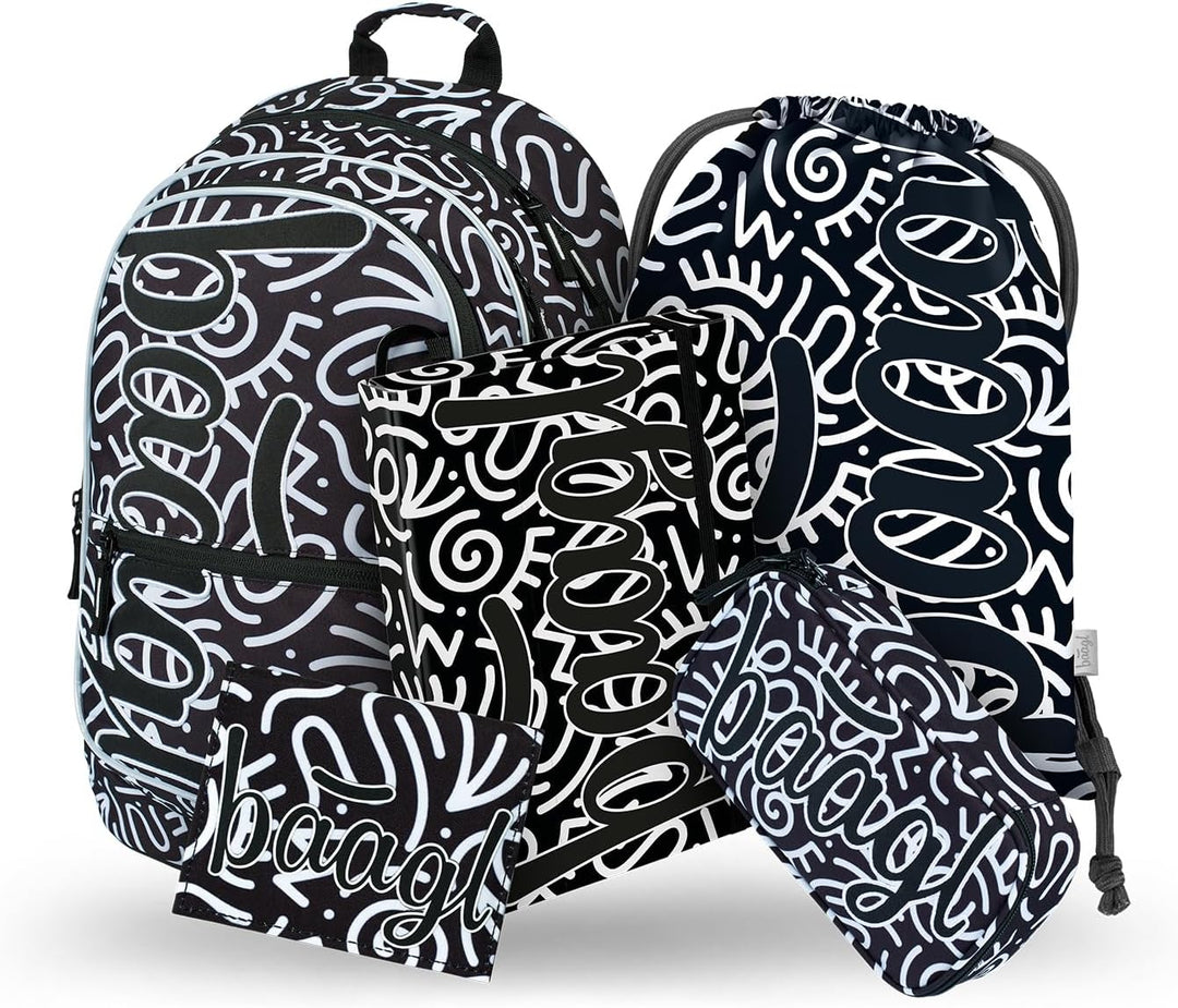 Baagl Schulrucksack Set 5 Jungen Mädchen Teilig, Schultasche ab 3. Klasse, Grundschule Ranzen mit Br