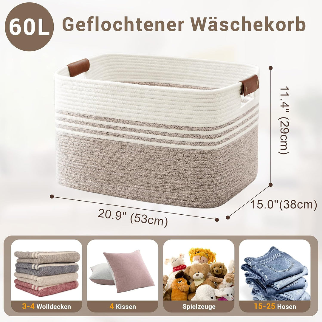 Wäschekorb Geflochten Gross aus Baumwollseil, 60L Aufbewahrungskorb mit Lederhenkeln, Korb für Decke
