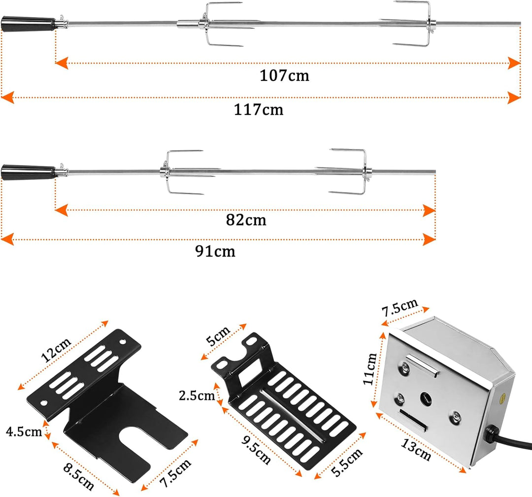 ACXIN Edelstahl Grillspiess Set 107cm mit Motor inkl. Fleischnadeln Elektrischer Drehspiess, Elektri