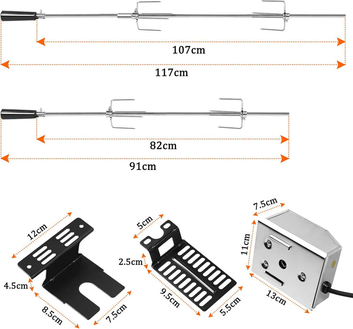 ACXIN Edelstahl Grillspiess Set 107cm mit Motor inkl. Fleischnadeln Elektrischer Drehspiess, Elektri