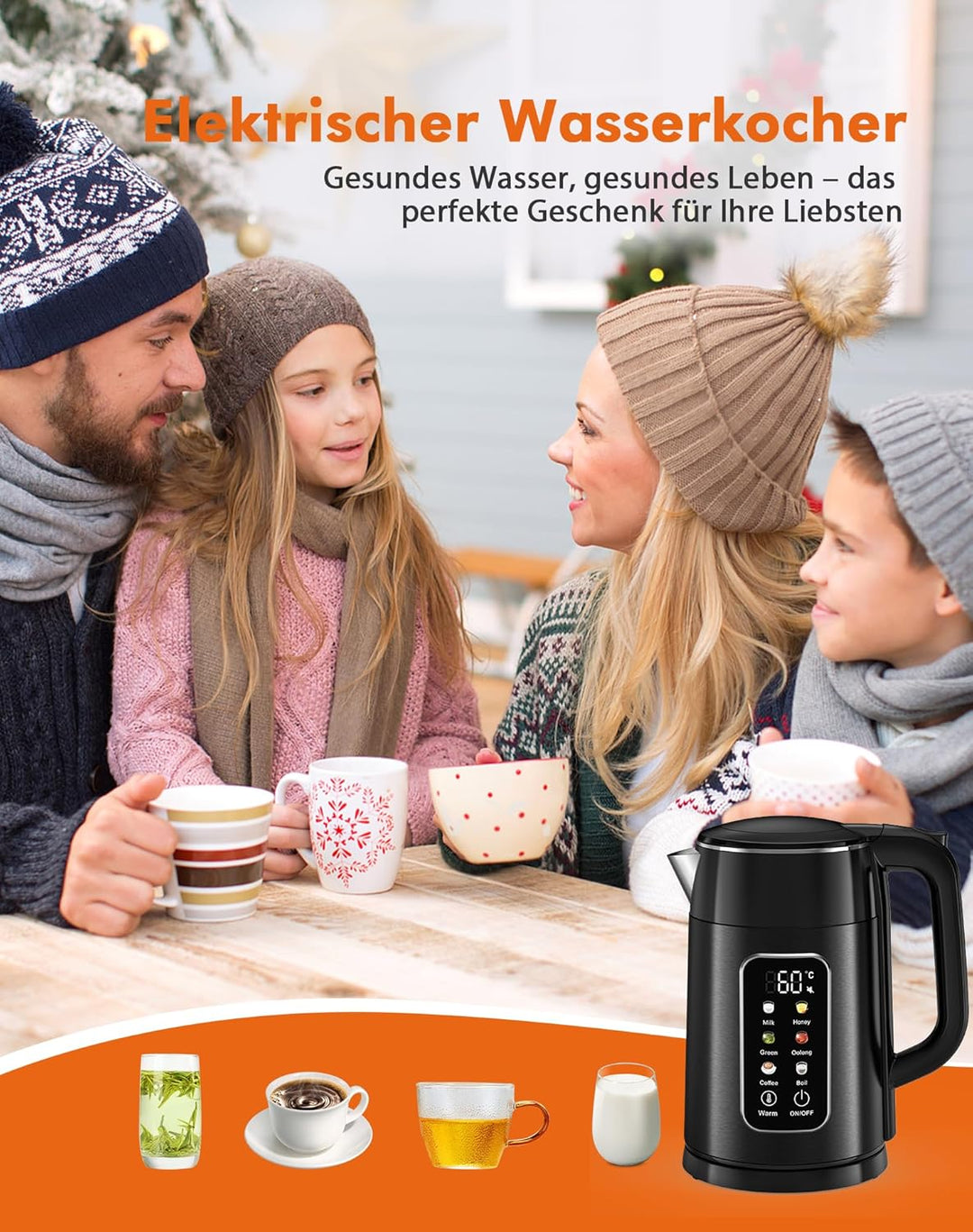 Wasserkocher mit Temperatureinstellung 1,7L 2200W Edelstahl Wasserkocher Schwarz mit 6 Temperaturstu