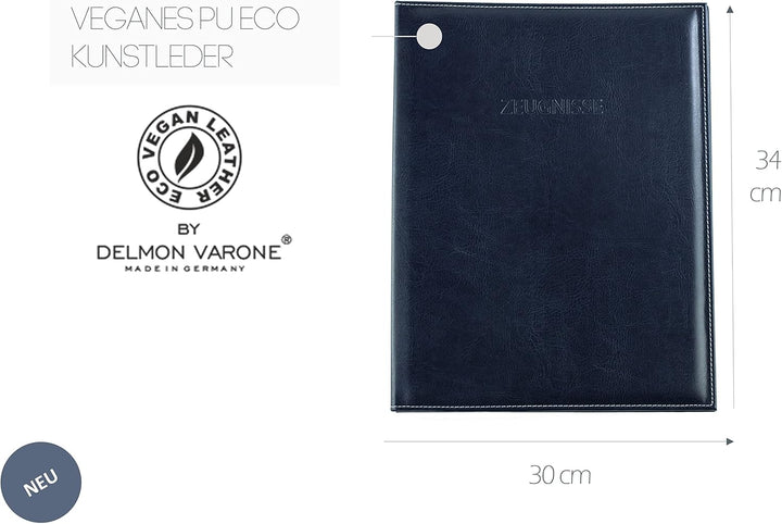 DELMON VARONE - Premium Zeugnismappe DIN A4 aus veganem Eco Kunstleder Blau - handgefertigte Dokumen