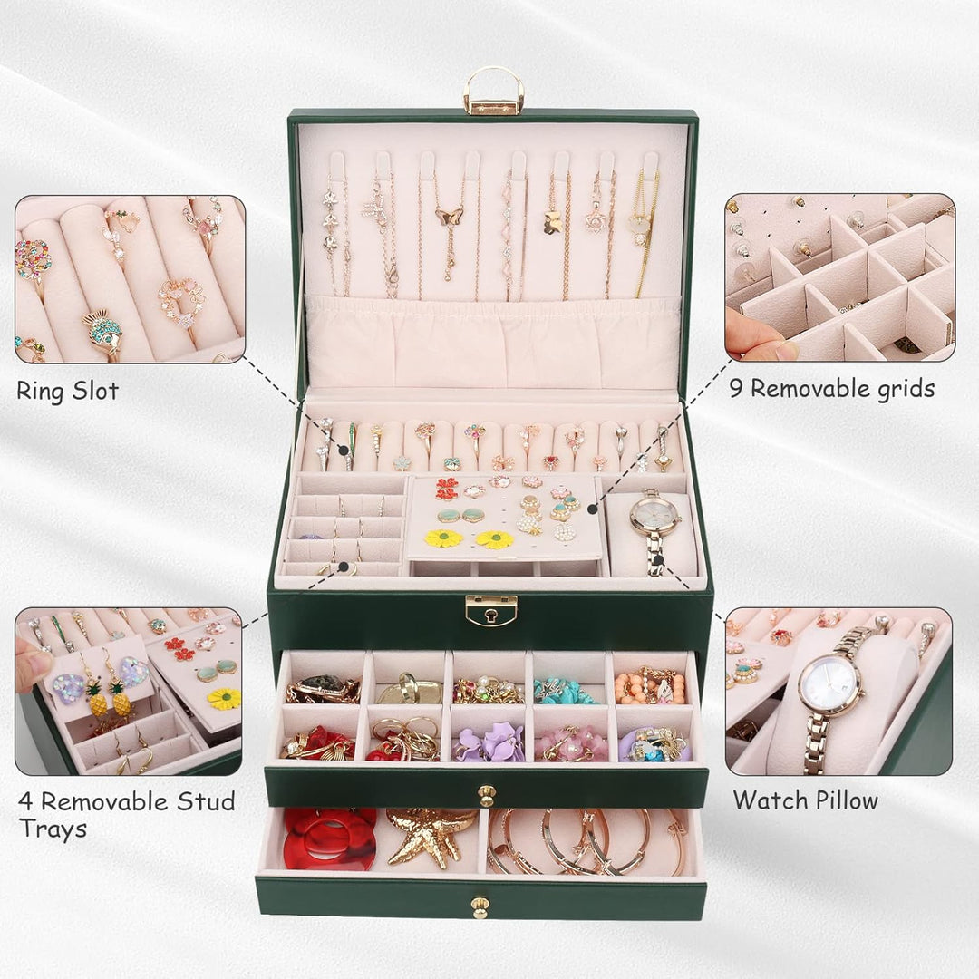 Schmuckkasten, Schmuckkästchen mit 3 Ebenen mit Schubladen, PU-Leder Schmuckbox Schmuckschatulle Gro