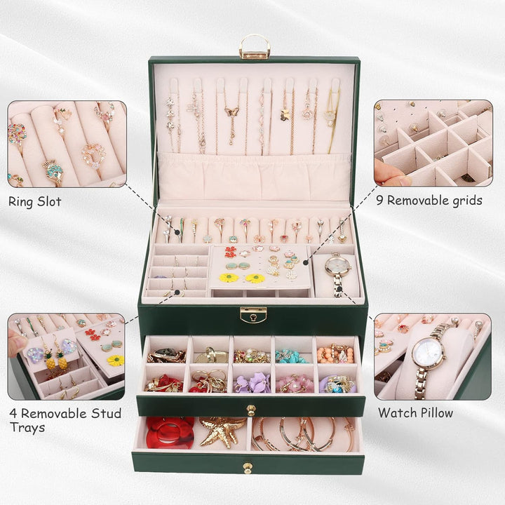 Schmuckkasten, Schmuckkästchen mit 3 Ebenen mit Schubladen, PU-Leder Schmuckbox Schmuckschatulle Gro