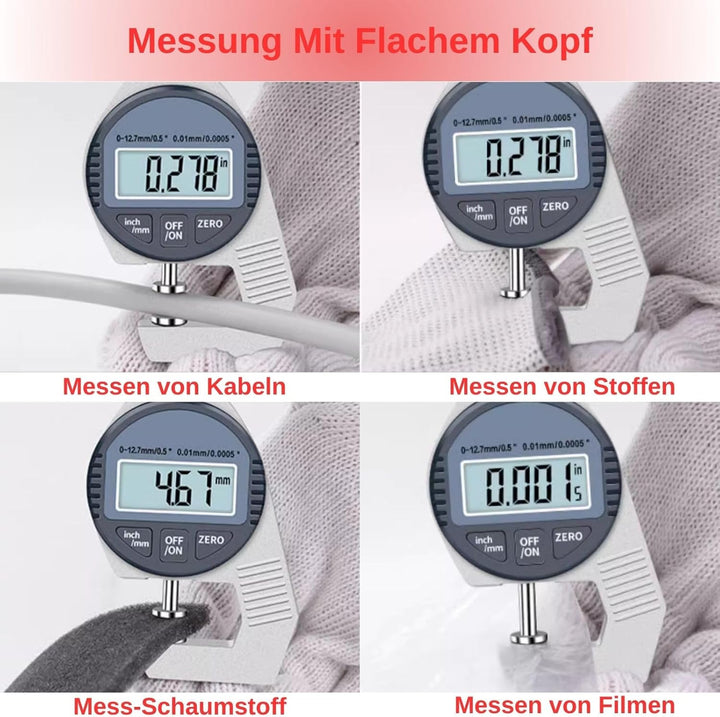 Dickenmessgerät, Digital Thickness Gauge Flat Measure Head Precise LCD Display Readout Percentage El