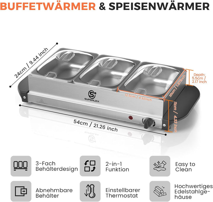 2in1 Warmhalteplatte und Buffetwärmer aus Edelstahl 200W mit 3x1,5L Speisebehältern Gleichmässige Wä