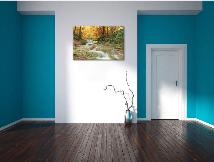 Pixxprint Waldbach im Herbst als Leinwandbild/Grösse: 100x70 cm/Wandbild/Kunstdruck/fertig bespannt,