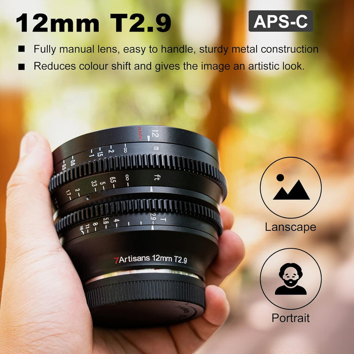 7artisans APS-C Ultra-Weitwinkel-Kinolinse, 12 mmT2.9 grosse Blende, manueller Festfokus, geringe Ve