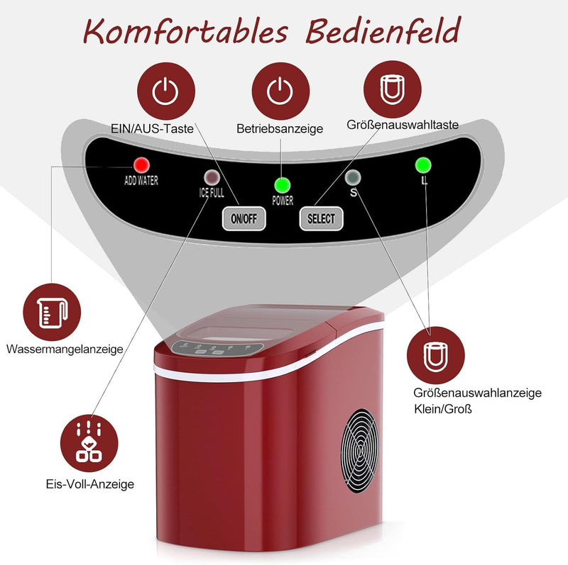 RELAX4LIFE Eiswürfelmaschine, Eismaschine mit Eiswürfelschaufel & Eiskorb, 12 kg in 24 Std, 9 Eiswür