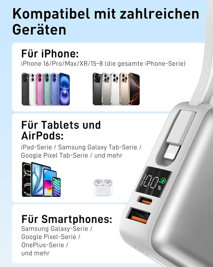 VINKO Powerbank 20.000mAh 22.5W mit integriertem 2 Kabel, High-Speed portables Ladegerät, Klein Powe