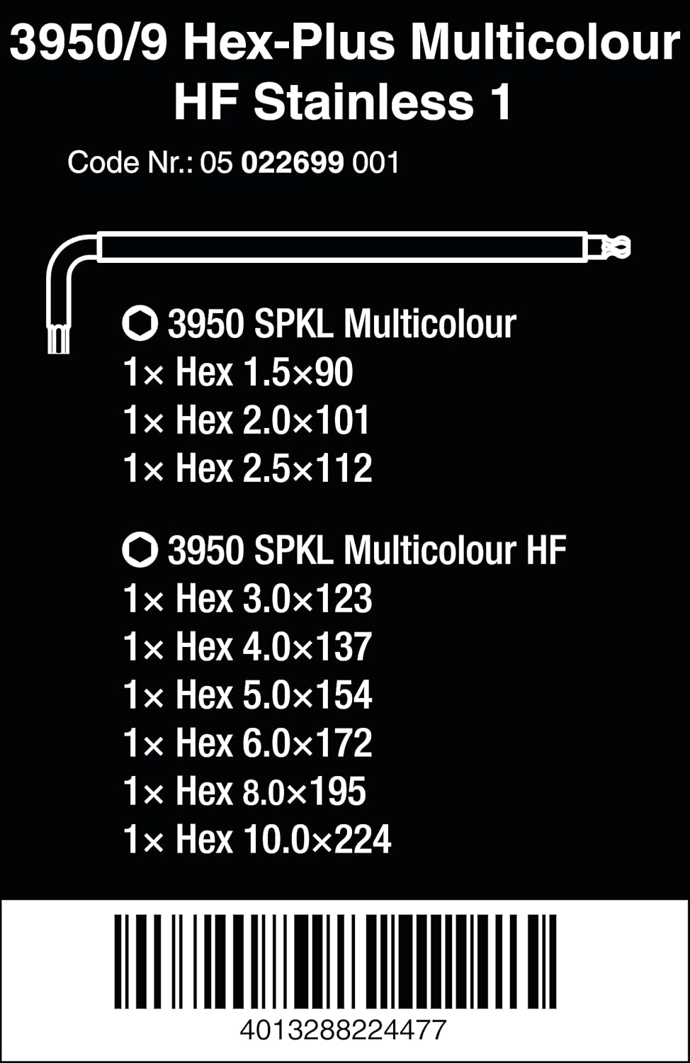 Wera - 05022699001 - Winkelschlüssel Satz, 3950/9 Hex-Plus Multicolour HF Stainless 1, metrisch, Ede