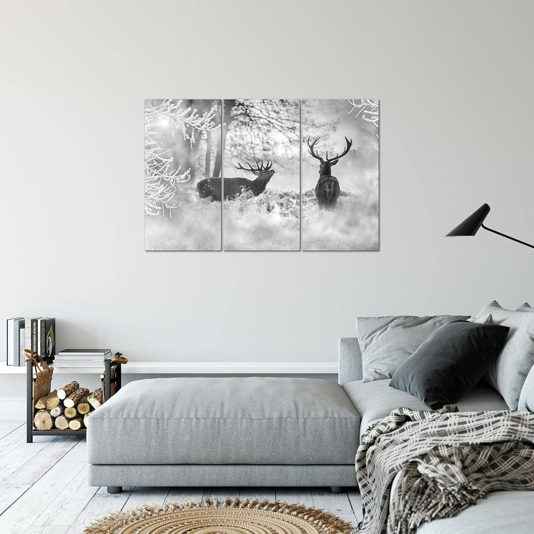 Runa Art Wandbilder Winter Hirsch Bild XXL Wohnzimmer Schlafzimmer Schwarz Weiss Landschaft 120 x 80