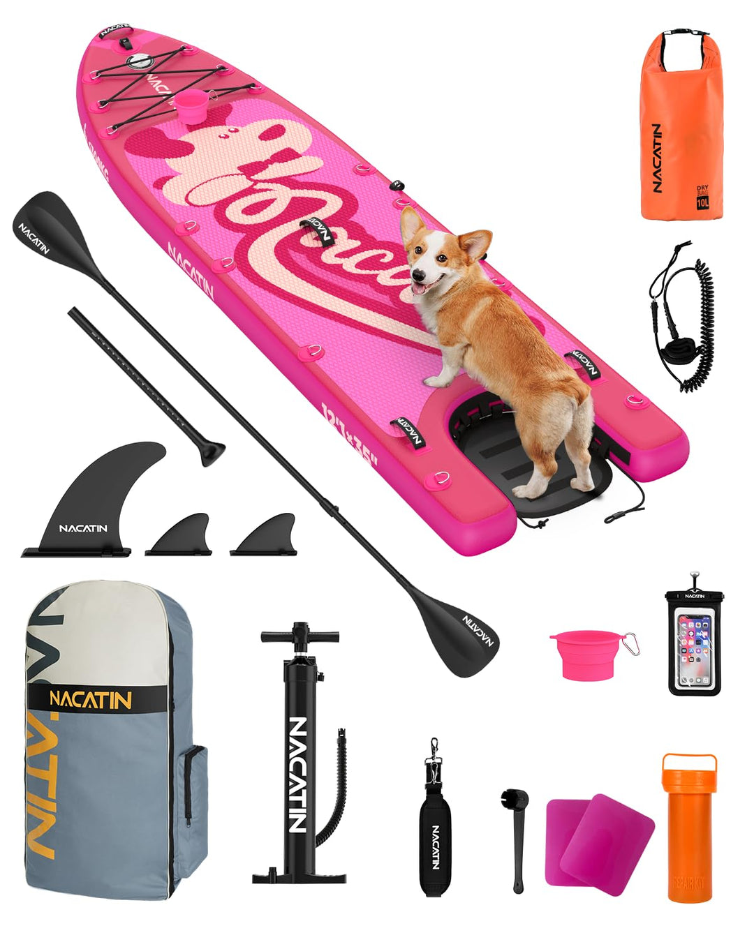 NACATIN 366cm (12ft) aufblasbares SUP Board mit Hunderampe, breites 91cm (36in) Stand Up Paddling Bo