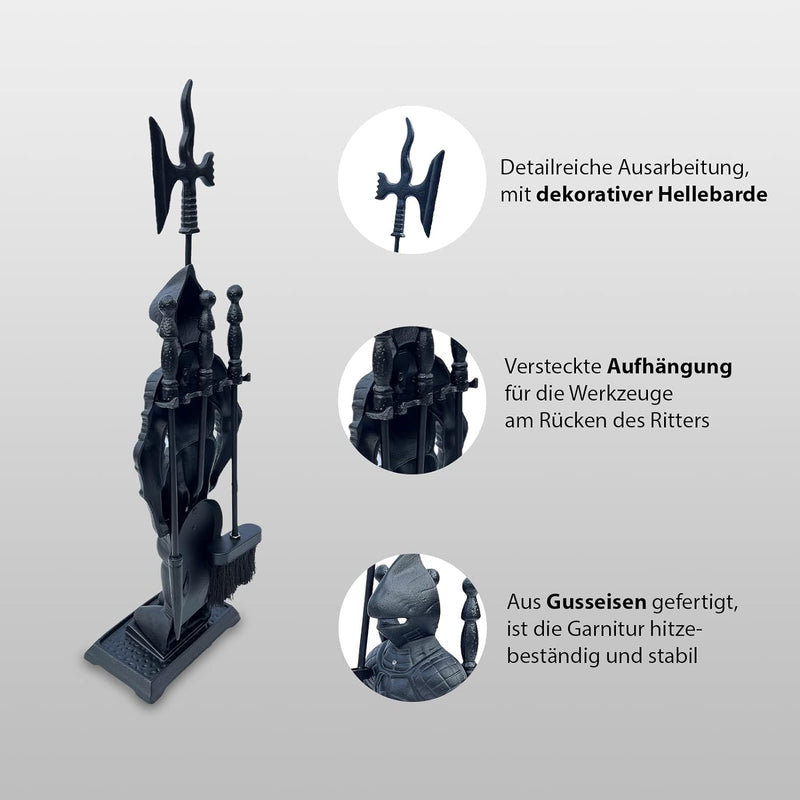 Kamingarnitur Kaminbesteck Kaminset Ofenbesteck Tiefschwarz Modell Ritter Ritterrüstung 4-tlg schwar