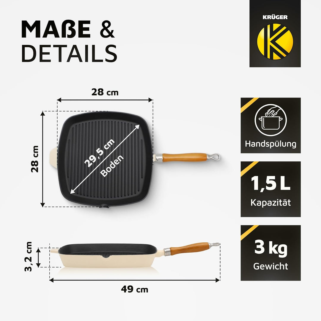 KRÜGER Gusseisen-Grillpfanne mit Holzgriff - 28 x 28 cm - emailliert - hohe Hitzebeständigkeit und l