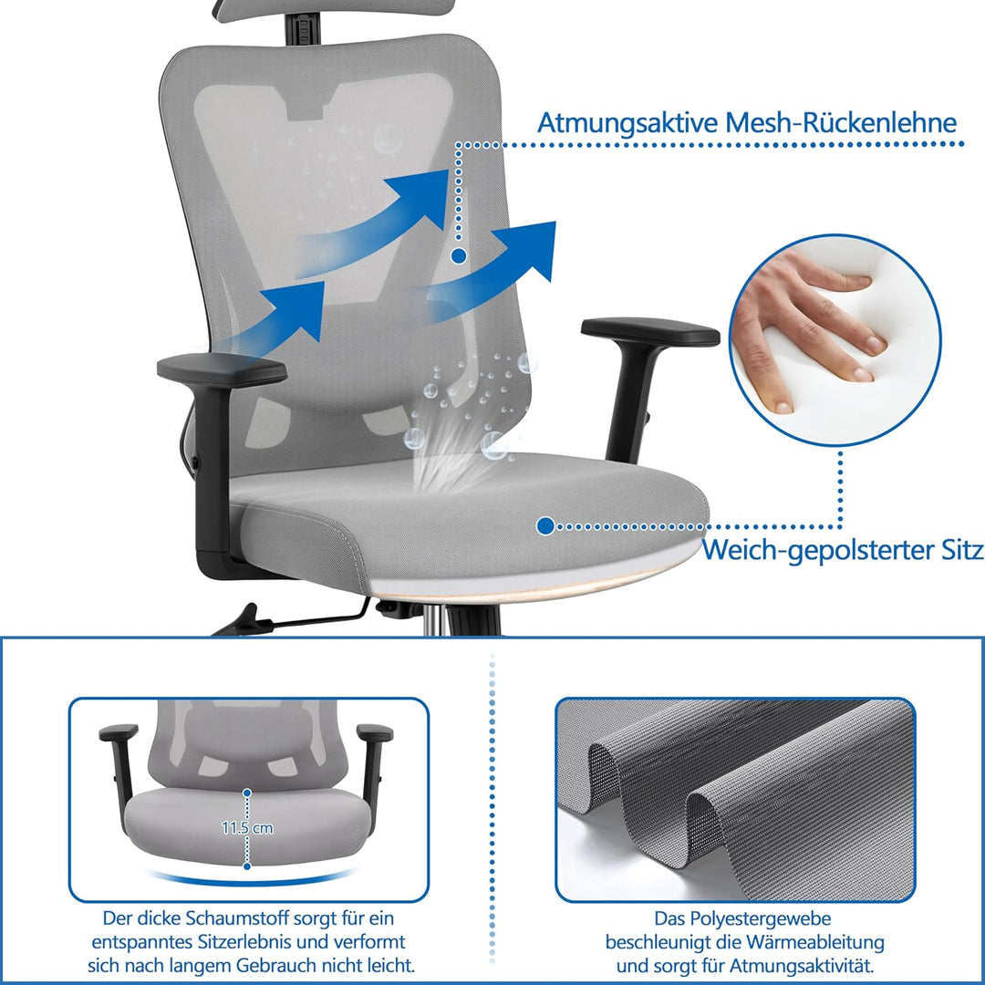 Yaheetech Bürostuhl Ergonomisch, Schreibtischstuhl mit Verstellbarer Kopfstütze, Armlehnen, Lendenwi