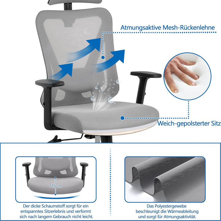 Yaheetech Bürostuhl Ergonomisch, Schreibtischstuhl mit Verstellbarer Kopfstütze, Armlehnen, Lendenwi