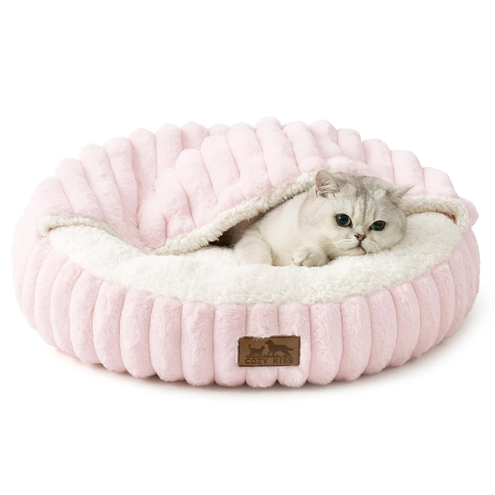 COZY KISS Katzenbett mit Decke 50x50x15cm - Flauschige Kleine Katzenhöhle - Kissen, Runde kleine Hun