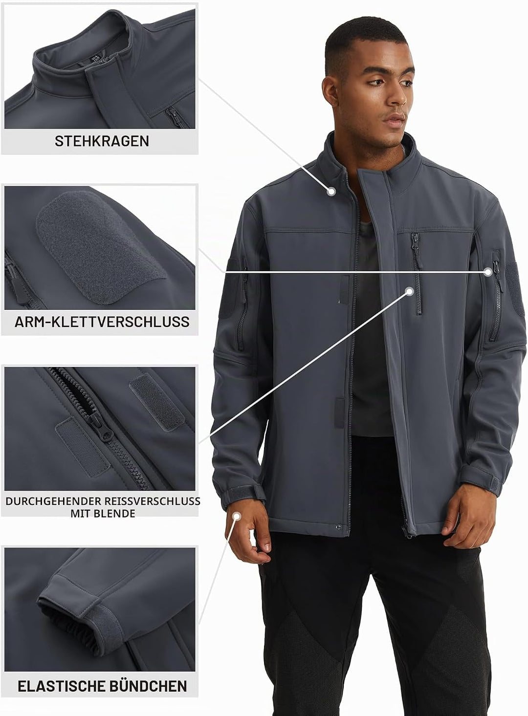 TACVASEN Herren Softshell Jacke Winddichte Warme Fleece Outdoorjacke Übergangsjacke mit Reissverschl