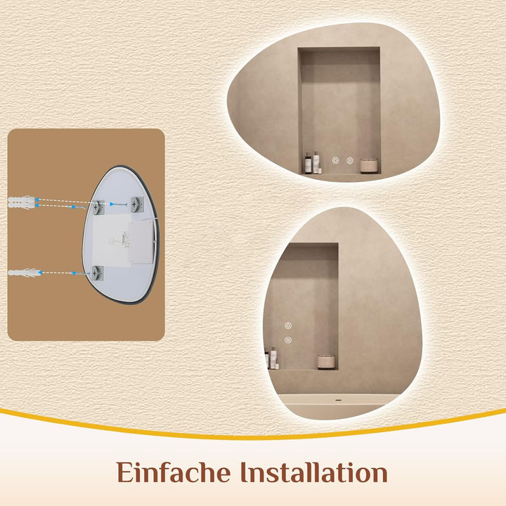 Clevich Badspiegel mit Beleuchtung Asymmetrisch 80×60 cm, LED Spiegel mit 3 Lichtfarben dimmbar, geh