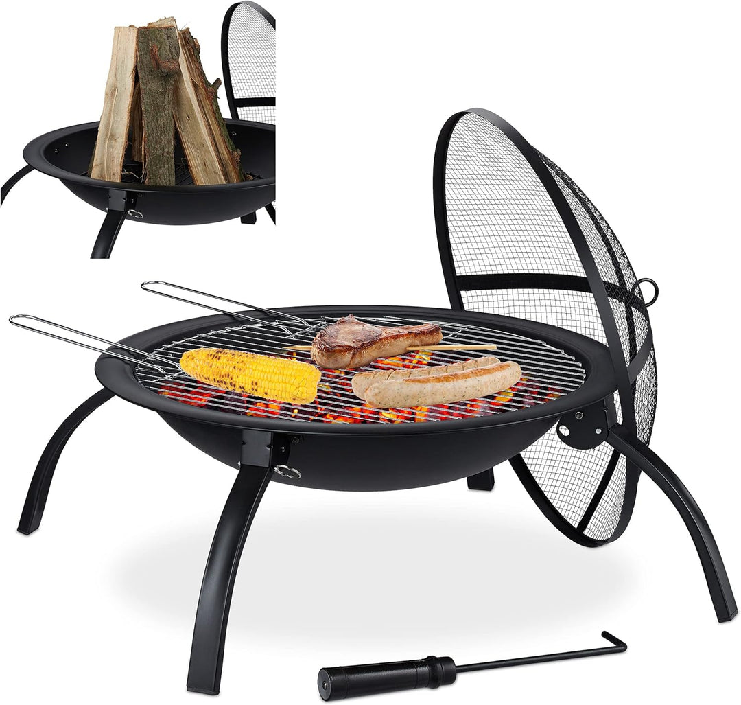 Relaxdays XL Feuerschale, Grill Rost, Schürhaken, Funkenschutz Deckel, Garten, Terrasse, Feuerstelle