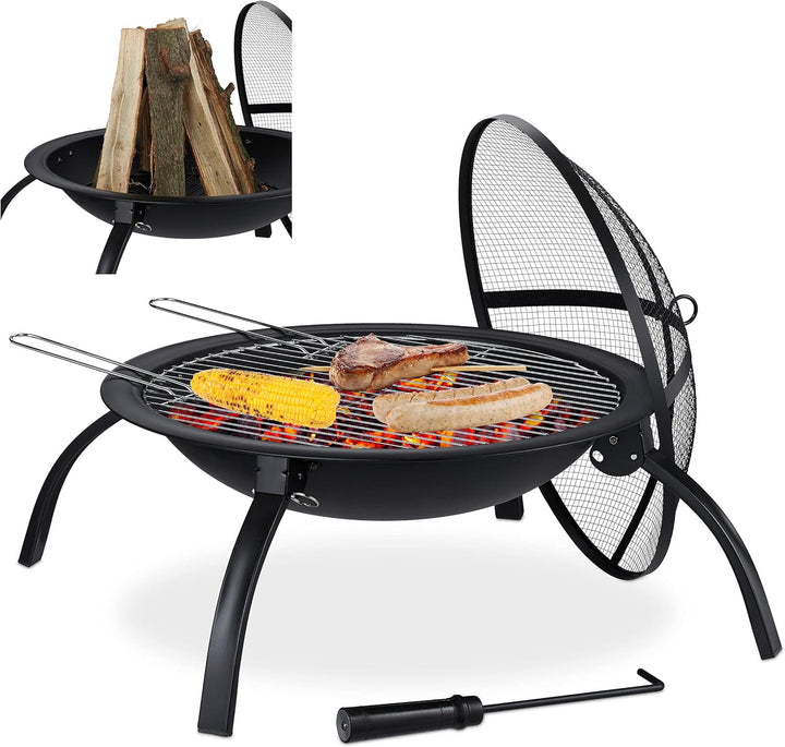 Relaxdays XL Feuerschale, Grill Rost, Schürhaken, Funkenschutz Deckel, Garten, Terrasse, Feuerstelle
