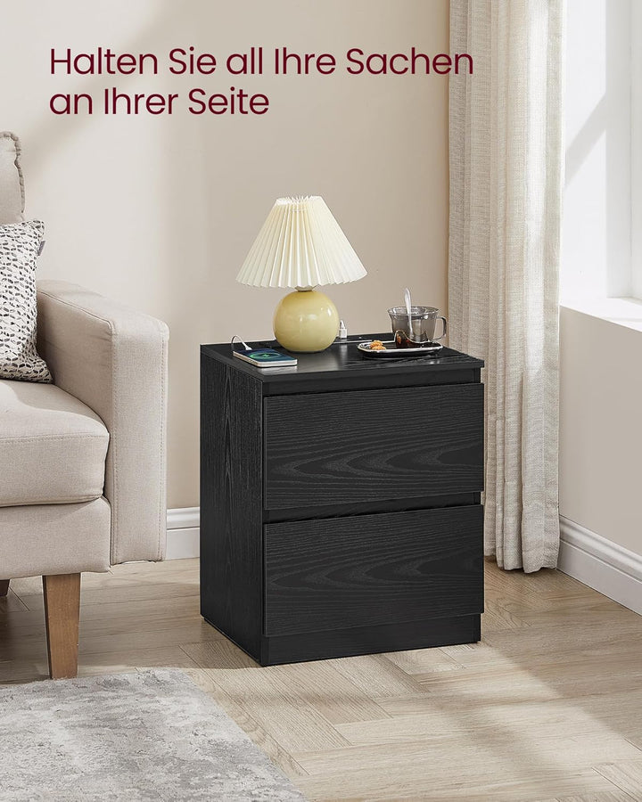 VASAGLE Kailyn Collection – 2er-Set Nachttisch mit Steckdosenleiste, Beistelltisch, 2 Schubladen, 2