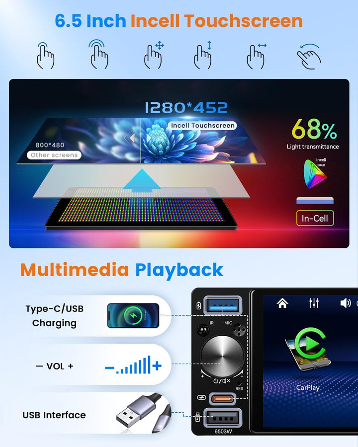 Hikity 1 DIN Autoradio Bluetooth Stereo Auto Bluetooth kompatibel mit Wireless CarPlay & Android Aut