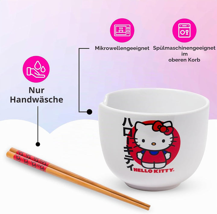 Silver Buffalo Hello Kitty KTY511KD Ramenschale mit Essstäbchen, Keramik, 590 ml, Weiss/mehrfarbig,