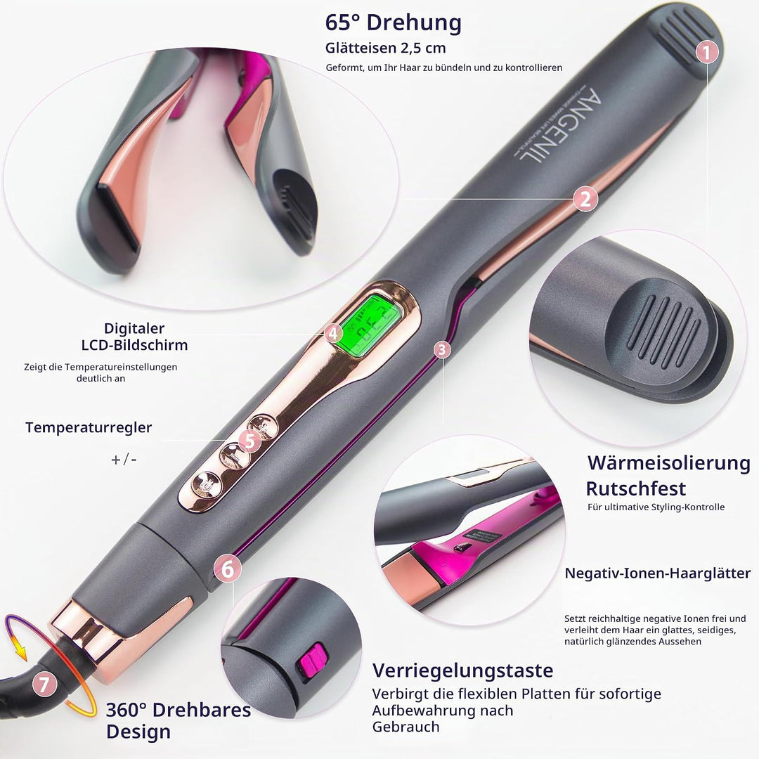 ANGENIL Pro Twist Haarglätter für Damen, Haarglätter und Lockenstab 2 in 1 mit Dualspannung, Runder