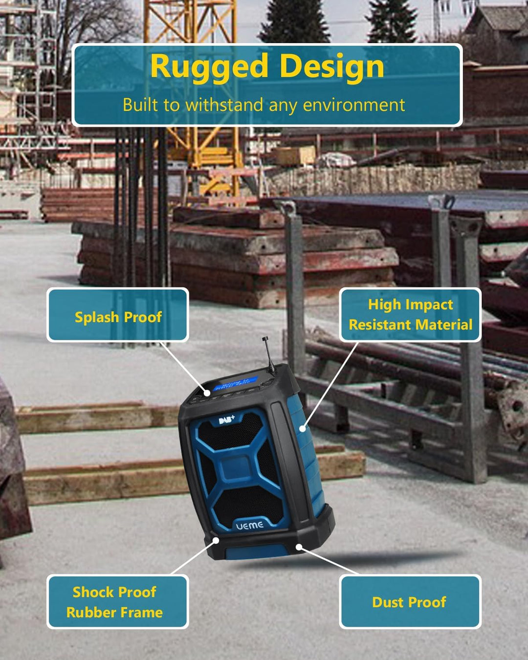 Baustellenradio Mit Akku Aufladbar, Tragbares DAB Plus/FM Radio Mit Bluetooth Lautsprecher, Radiowec