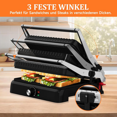 HOMELUX Kontaktgrill, Sandwichmaker, Panini Grill 2200W, Toaster Sandwichtoaster für Fettfreies Gril