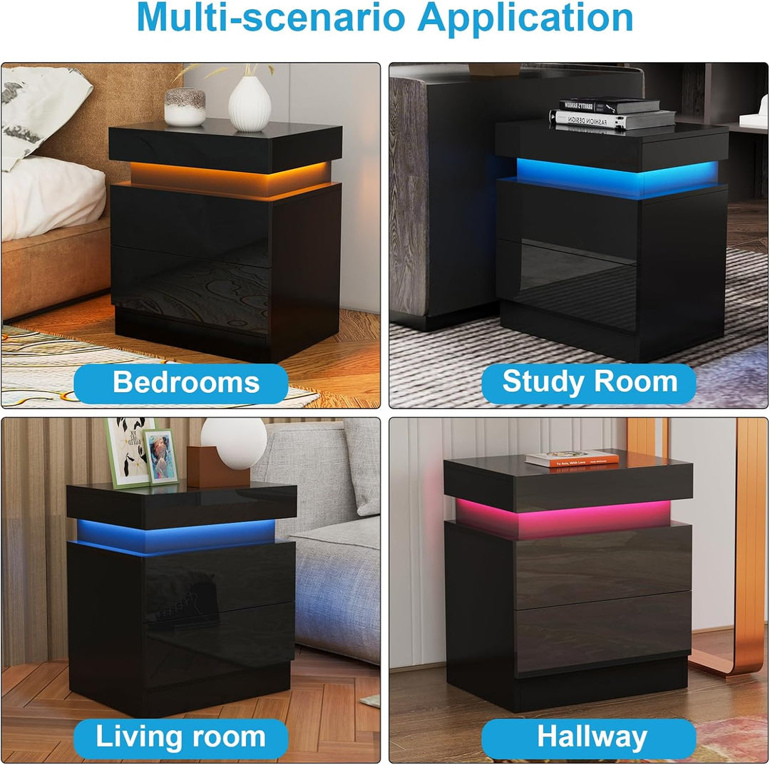 Lvhcmfohm Nachttisch Schwarz 2er Set, Nachtschrank mit Led Licht, Nachtkommode mit 2 Schubladen und